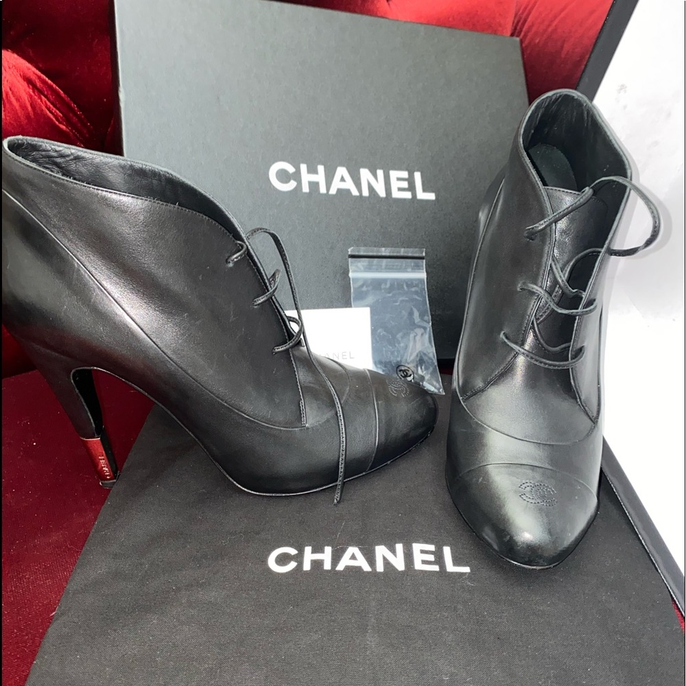 Black authentic Chanel lace up booties